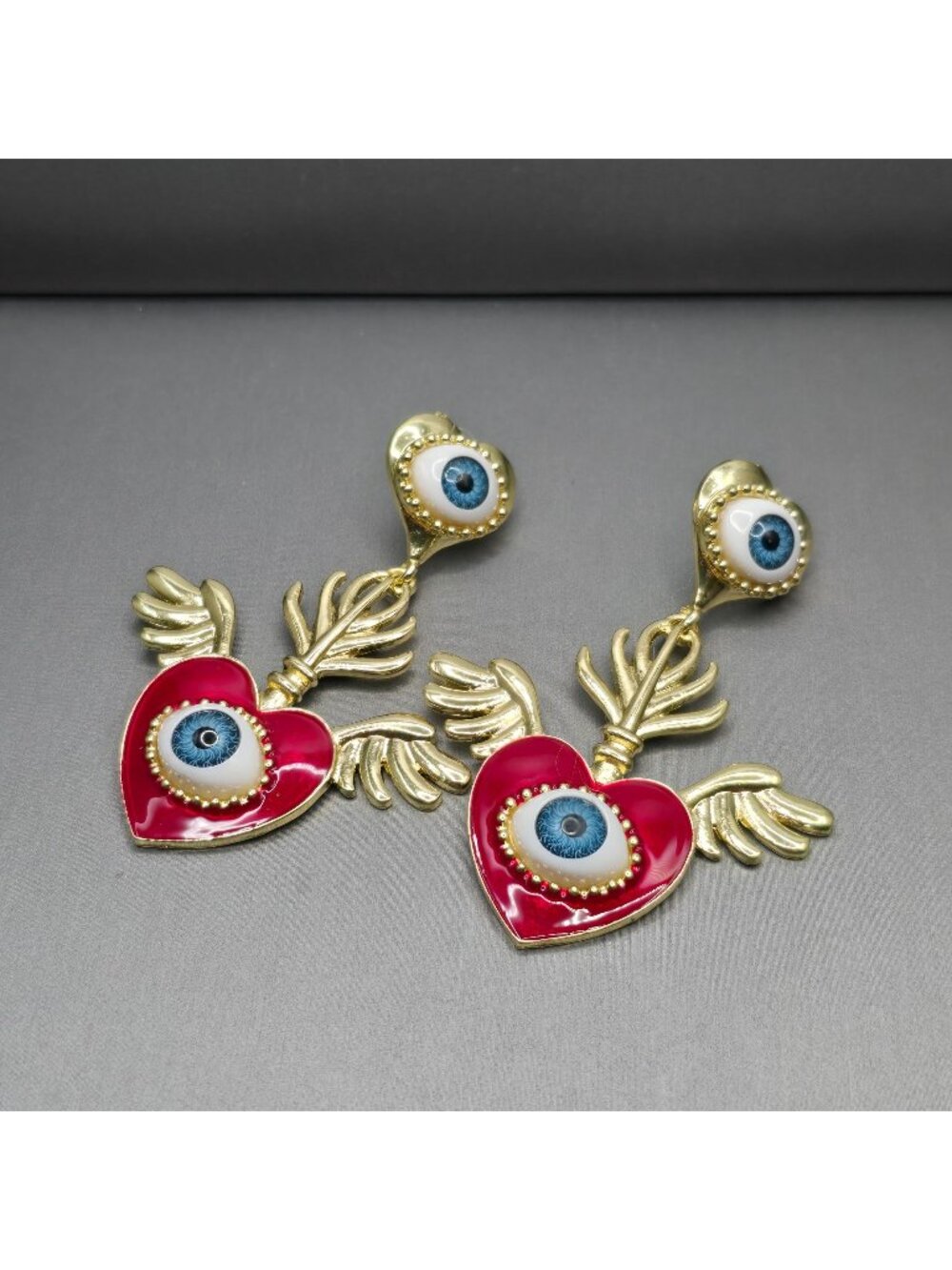Surrealist Evil Eye Sacred Heart Drop Earrings 3" Gold Red Enamel Statement - Picture 1 of 7
